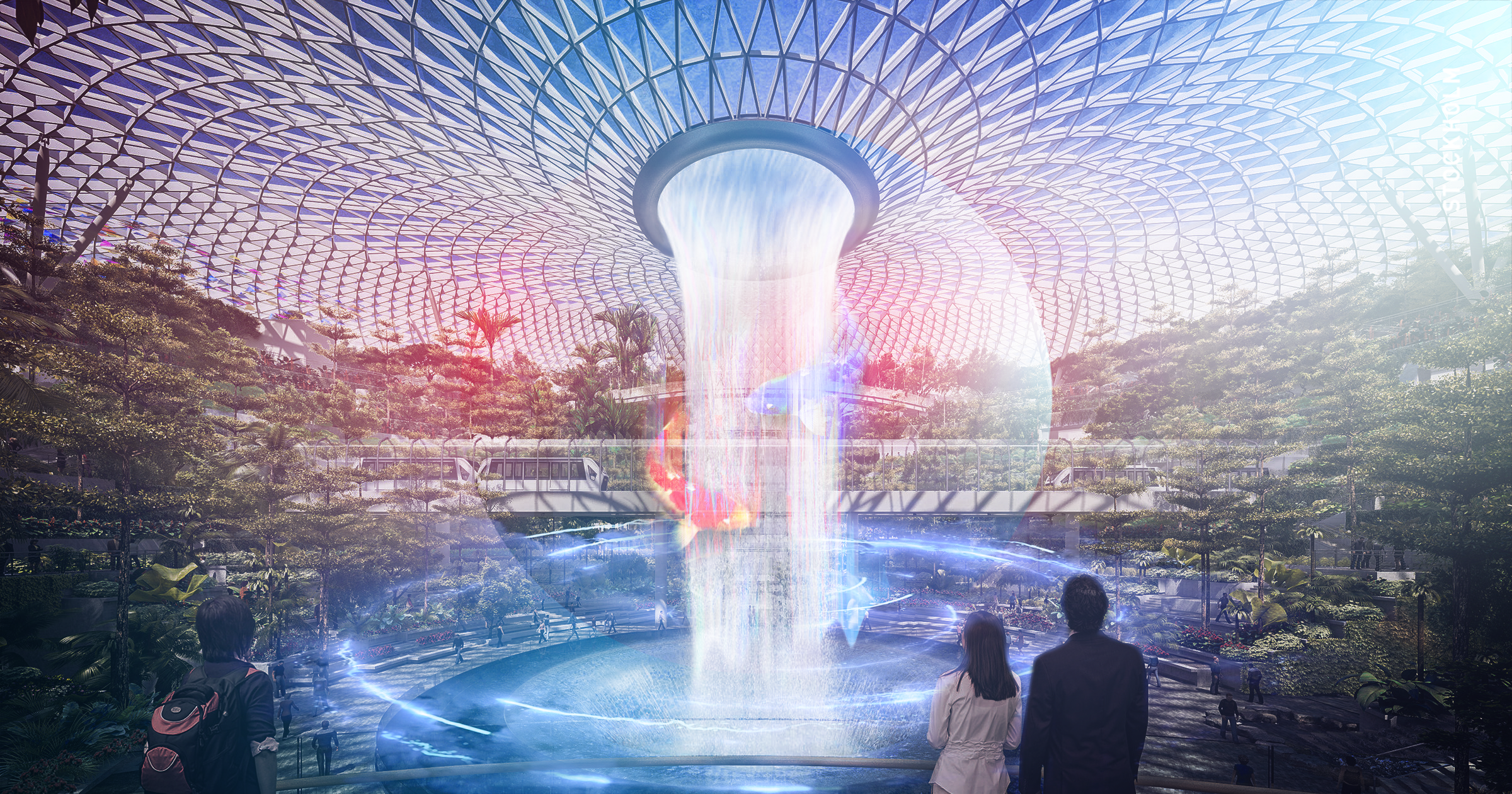 A cover greenhouse with a fountain